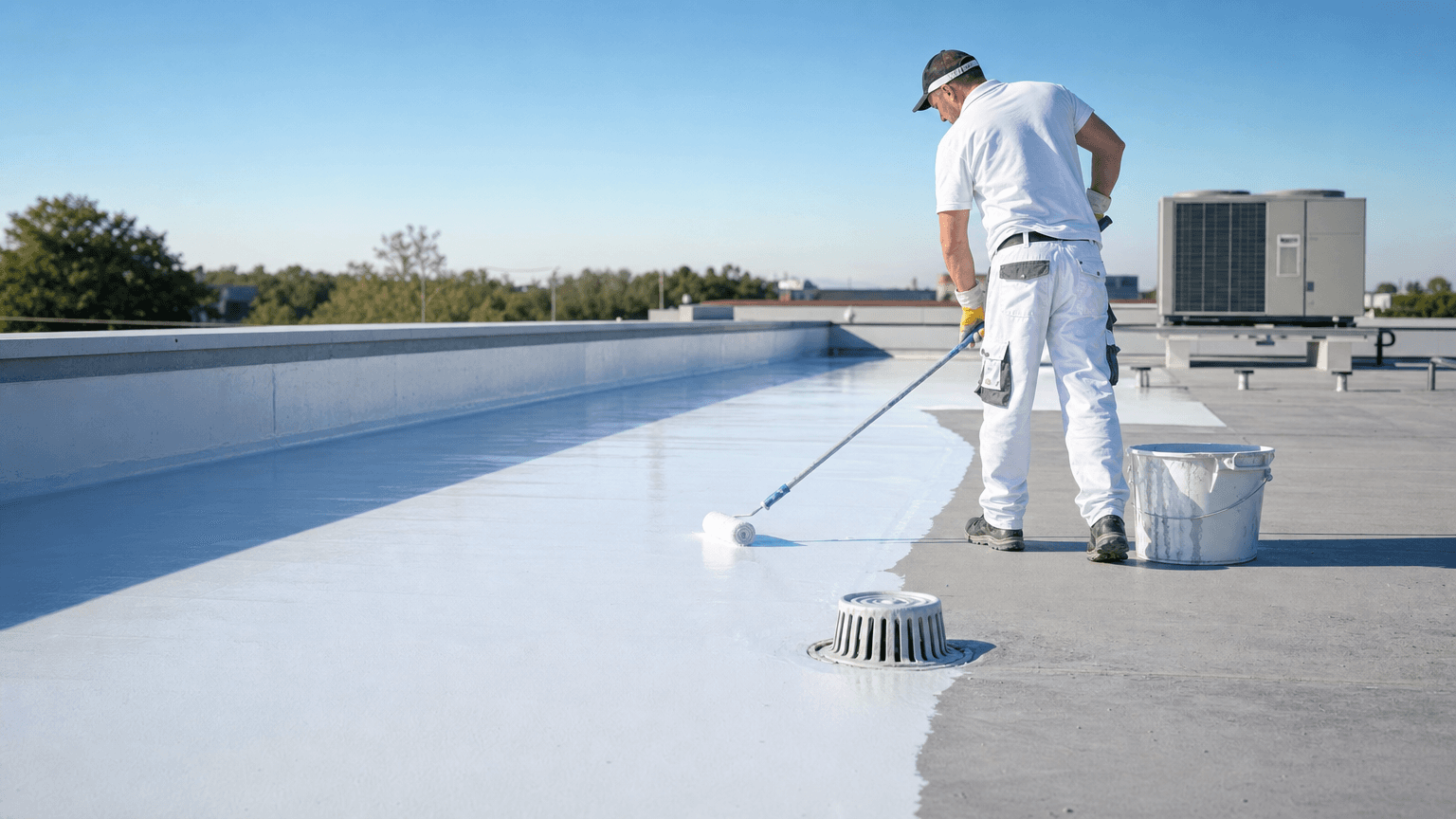 Application dun revêtement détanchéité blanc sur un toit-terrasse professionnel