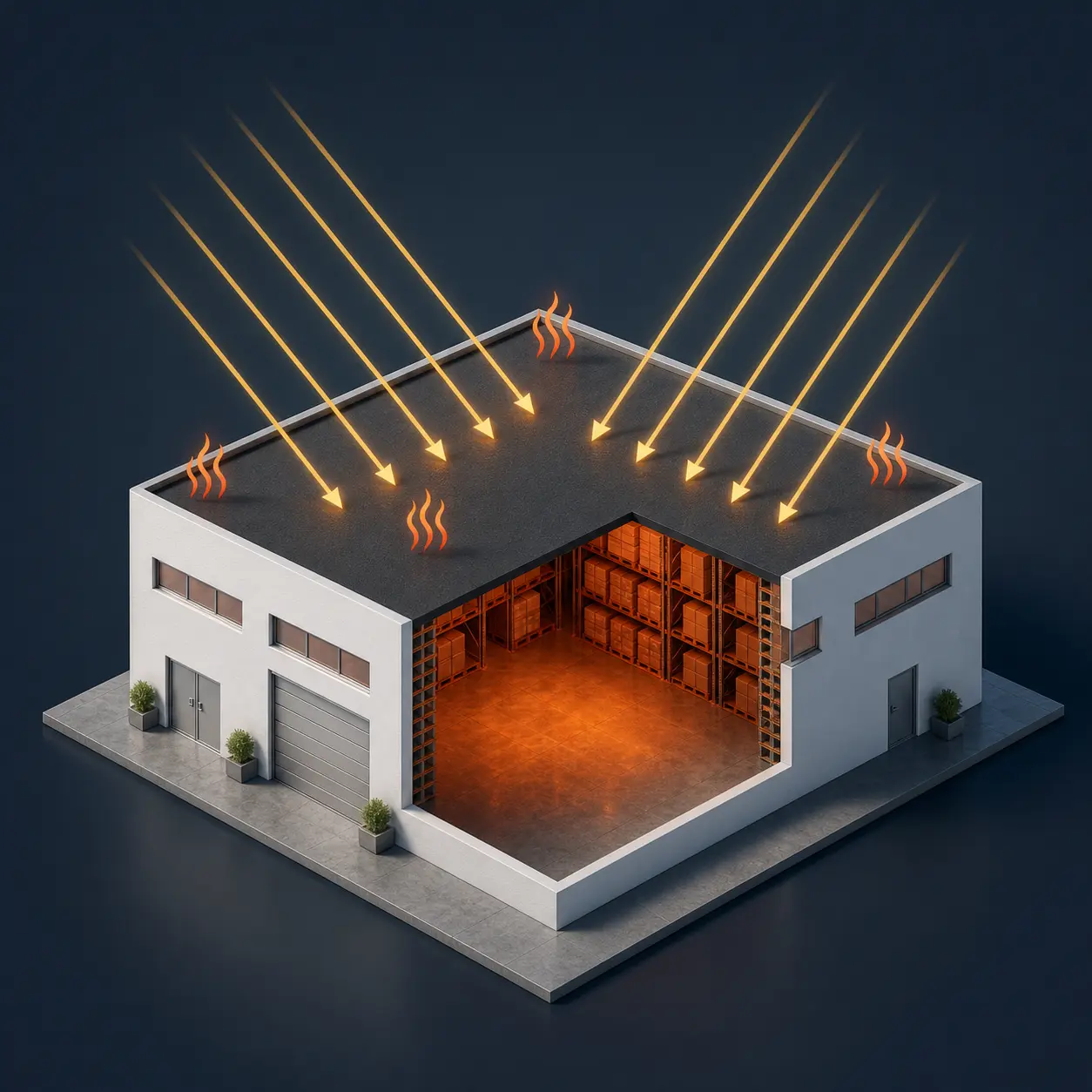 Toiture sombre de magasin qui absorbe le rayonnement solaire