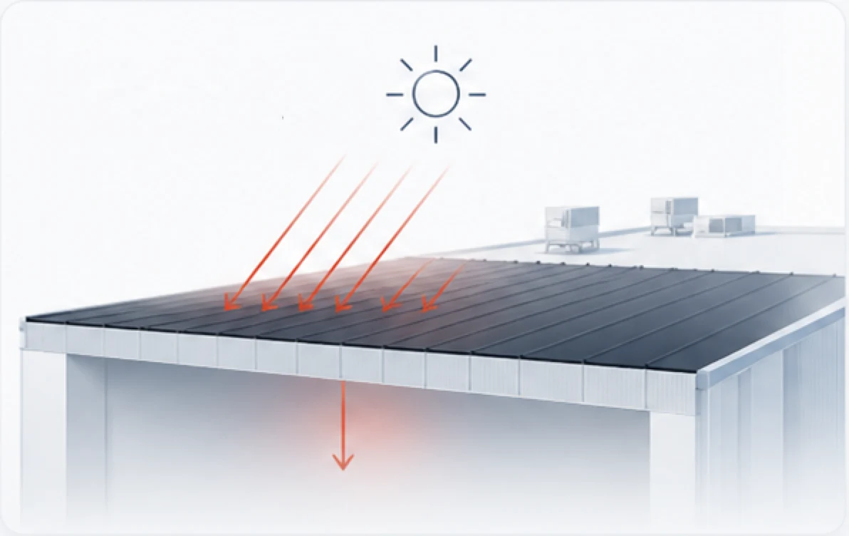 Toiture industrielle classique, surface sombre absorbant le rayonnement solaire