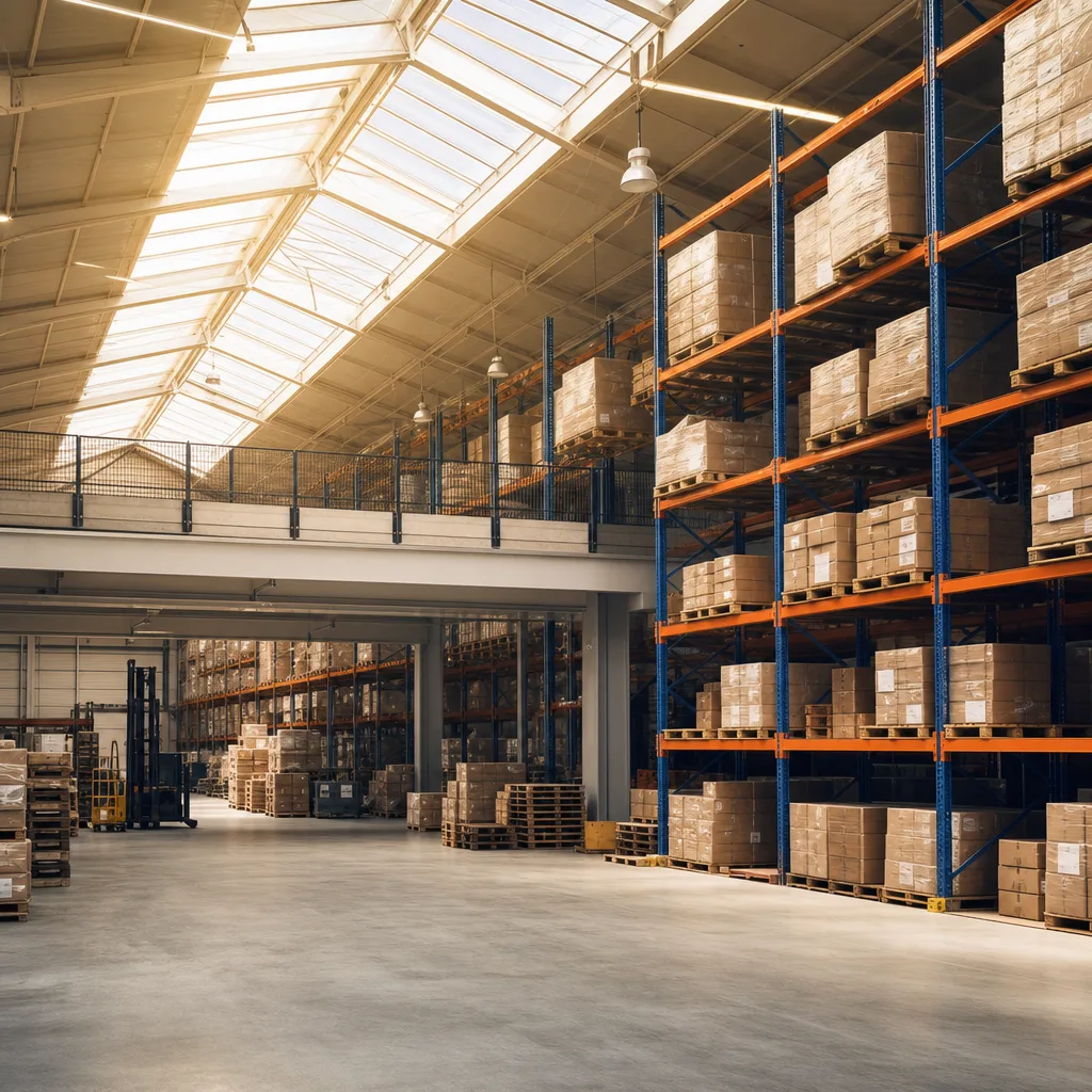 Intérieur d'un entrepôt logistique avec racks et marchandises en zone haute
