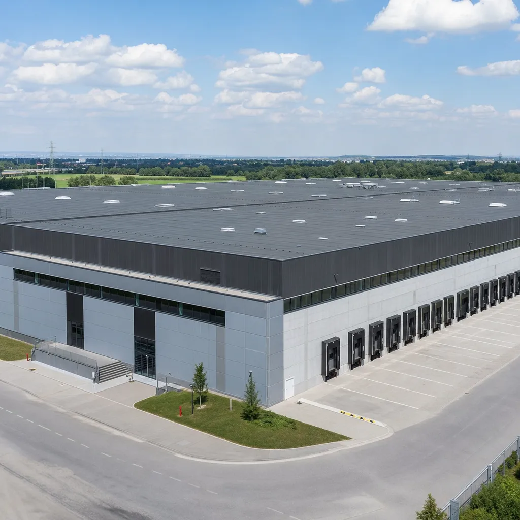 Toiture sombre d'un grand entrepôt logistique exposée au soleil d'été